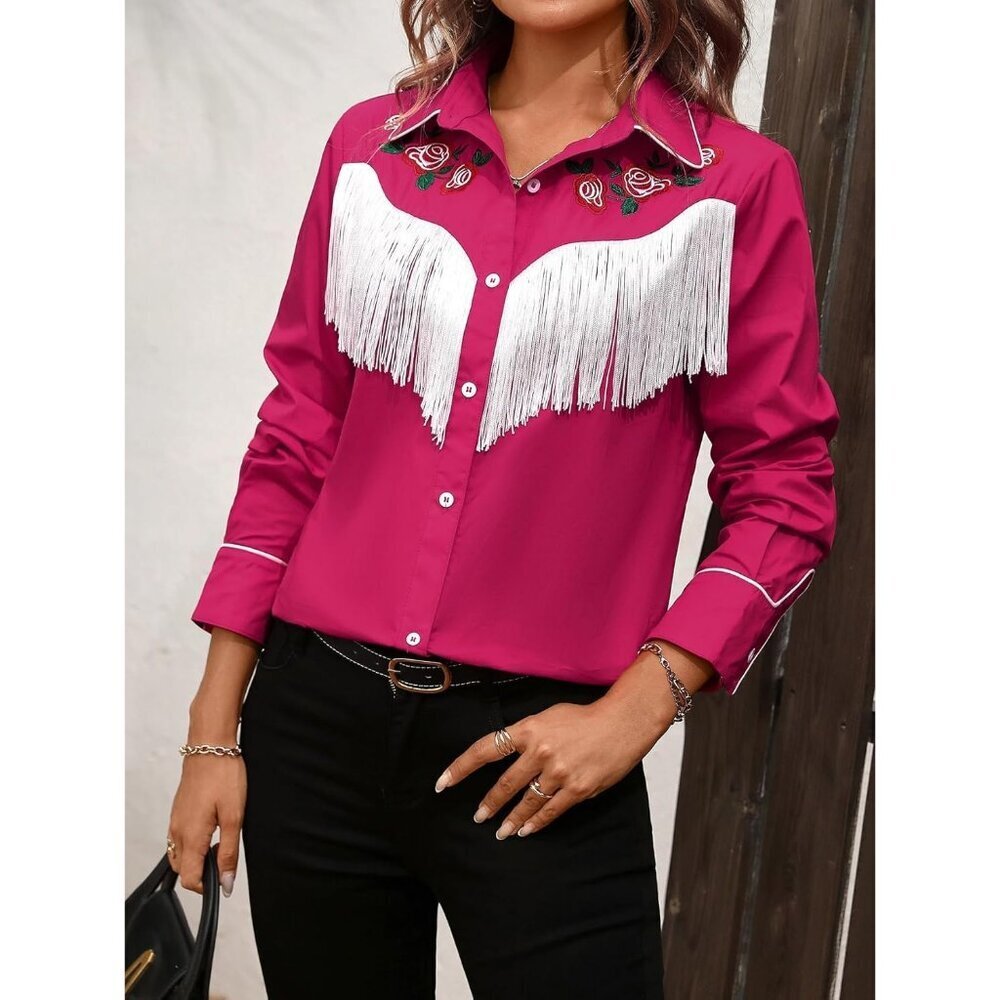 Women's Rose Red Fringe Long Sleeve Floral Embroidered Collared Rodeo Shirts - Picture 3 of 6